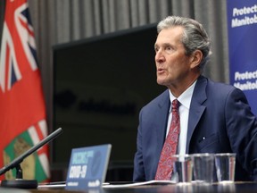 Premier Brian Pallister discusses vaccine measures during a press briefing at the Manitoba Legislative Building in Winnipeg on Tues., June 8, 2021. KEVIN KING/Winnipeg Sun/Postmedia Network