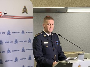 Supt. Michael Koppang, Officer in Charge of Major Crime Services for Manitoba RCMP addresses the media at a press conference at the D Division headquarters in Winnipeg on Friday, to announce the capture of Eric Paul Wildman near Belleville, Ont., earlier that day.