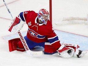 Montreal Canadiens' Carey Price makes a save during third period against the Tampa Bay Lightning in Montreal on July 2, 2021.