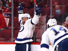 Tyler Johnson of the Tampa Bay Lightning celebrates after scoring the second of his two goals in Friday's Game 3 win over the Canadiens in Montreal.