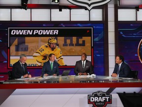 With the first pick in the 2021 NHL entry draft, the Buffalo Sabres select Owen Power during the first round at the NHL Network studios on July 23, 2021 in Secaucus, New Jersey.