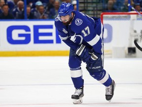 Alex Killorn of the Tampa Bay Lightning reacts after blocking a shot against the Montreal Canadiens during the second period in Game 1 of the 2021 NHL Stanley Cup Final at Amalie Arena on June 28, 2021 in Tampa, Fla.