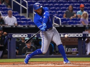 George Springer of the Toronto Blue Jays grounds out for an RBI on June 23.