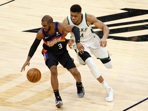 Can Giannis Antetokounmpo (right) who injured his knee in Game 4 against Atlanta, return at some point in the Finals and turn the Bucks into favourites? Can Suns’ Chris Paul (left) reach the pinnacle of a long career in his first appearance in the NBA’s championship series?