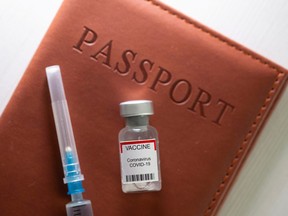 A syringe and a vial labelled "coronavirus disease (COVID-19) vaccine" are placed on a passport in this illustration taken April 27, 2021.