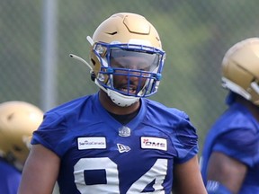 Jackson Jeffcoat of the Winnipeg Blue Bombers takes part in the team's 2021 training camp.
