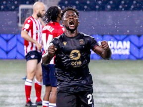 Raphael Ohin of Valour FC celebrates his first-half goal during a 2-0 victory over Atlético Ottawa on Saturday, July 3, 2021, at IG Field in Winnipeg.