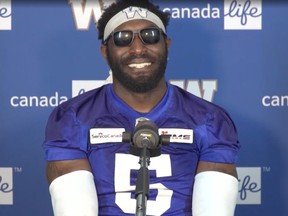 Screenshot of Winnipeg Blue Bombers defensive end and 2019 CFL most outstanding defensive player Willie Jefferson donning a pair of dark shades as he takes his seat for his first Zoom interview of training camp on Monday, even though he was sitting in the windowless media room at IG Field in Winnipeg.
