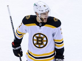 Boston Bruins left winger Taylor Hall (71) reacts after his goal against the New Jersey Devils at Prudential Center.