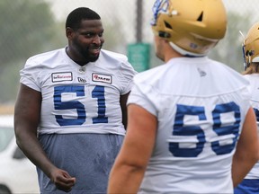 Offensive lineman Jerome Hardrick smiles during Winnipeg Blue Bombers training camp on the University of Manitoba campus in Winnipeg on Monday, July 19, 2021.