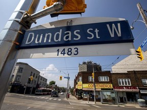 A Dundas Street West sign is pictured in Toronto, Wednesday, June 10, 2020.
