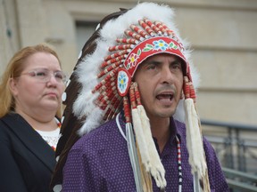 In a fiery and impassioned speech on Monday, July 19, 2021 on the steps of the Manitoba Legislature in Winnipeg, Assembly of Manitoba Chiefs Grand Chief Arlen Dumas took direct aim at Manitoba Indigenous Reconciliation and Northern Relations Minister Alan Lagimodiere, after he made comments last week defending the intentions of Canada’s residential school system.