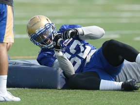 Linebacker Jontrell Rocquemore reacts after taking part in a drill during Winnipeg Blue Bombers training camp on the University of Manitoba campus in Winnipeg on Sunday, July 18, 2021.