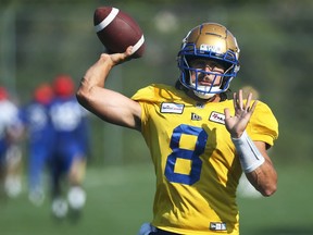 Quarterback Zach Collaros throws at Winnipeg Blue Bombers training camp on the University of Manitoba campus in Winnipeg on Sun., July 25, 2021. KEVIN KING/Winnipeg Sun/Postmedia Network