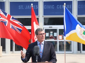 Central Services Minister Reg Helwer announces ICIP funding that will pave the way for a $24-million expansion of the St. James Civic Centre on Friday, July 30, 2021 in Winnipeg.