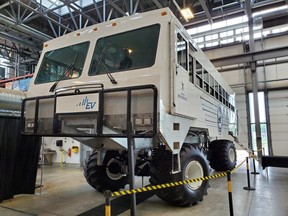 Frontiers North Adventures’ new electric tundra buggy, converted from diesel power, on display at Red River College on Tuesday.
James Snell/Winnipeg Sun