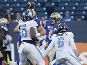 Winnipeg Blue Bombers quarterback Zach Collaros throws a pass against the Toronto Argonauts on Friday.