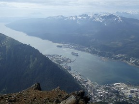 Cruise ships near downtown Juneau, Alaska, in May 2019, in this view from from Mount Juneau.