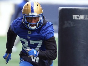 Winnipeg Blue Bombers safety Brandon Alexander had to defend his actions on Saturday after his violent hit knocked Toronto Argonauts receiver DaVaris Daniels out of the game, with what looked like a head injury. Kevin King/Winnipeg Sun