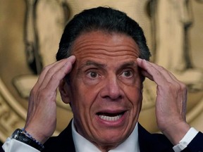 In this file photo taken May 3, 2021, New York Governor Andrew Cuomo holds a news conference in New York.