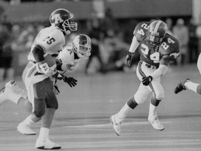 Toronto Argonauts speedster Raghib (Rocket) Ismail streaks down the field during his 87-yard kickoff return for a touchdown against the Calgary Stampeders at the Grey Cup in Winnipeg, Man., Nov. 24, 1991.