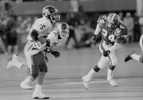 Toronto Argonauts speedster Raghib (Rocket) Ismail streaks down the field during his 87-yard kickoff return for a touchdown against the Calgary Stampeders at the Grey Cup in Winnipeg, Man., Nov. 24, 1991.