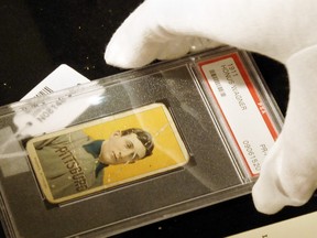 A rare baseball card of Honus Wagner of the Pittsburgh Pirates, considered to be the best all around player in baseball history, is displayed at a preview of a sports memorabilia sale, June 3, 2005, at Sotheby's in New York.