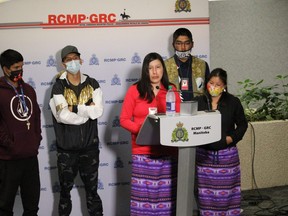 Hazel Moose, sister of murder victim Bobbie Lynn Moose, speaks with media at RCMP Manitoba Headquarters on Tuesday with support from other family members. James Snell/Postmedia