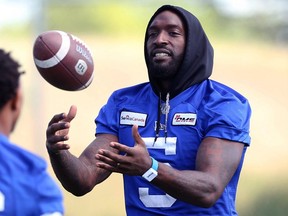 Defensive end Willie Jefferson plays catch at Winnipeg Blue Bombers practice on the University of Manitoba campus in Winnipeg on Tuesday, Aug. 25, 2021.