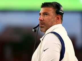 Titans head coach Mike Vrabel looks on during a preseason game against the Buccaneers at Raymond James Stadium in Tampa, Fla., Saturday, Aug. 21, 2021.