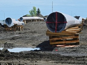 Trans Mountain pipeline expansion project work underway along Anthony Henday Drive south near 119 Street in Edmonton in late May 2020.