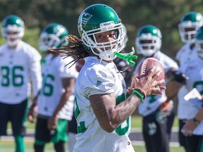 Naaman Roosevelt makes a catch as the Saskatchewan Roughriders practice at Carleton University in Ottawa in advance of their next game.