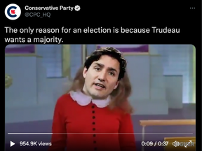 A screenshot of a Conservative Party of Canada ad that compares Prime Minister Justin Trudeau to Veruca Salt from "Willy Wonka and the Chocolate Factory."