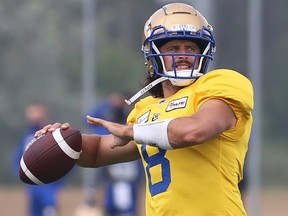 Quarterback Zach Collaros warms up his arm during a Winnipeg Blue Bombers practice on July 21, 2021.