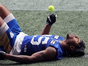 Defensive back Josh Miller takes part in a drill on the sideline during Winnipeg Blue Bombers practice on  Aug. 10, 2021.