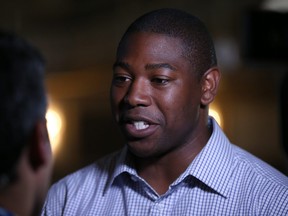 Jamie Moses, who captured St. Vital, speaks with media at the Manitoba New Democratic Party election night headquarters at the Metropolitan Entertainment Centre in Winnipeg on Tues., Sept. 10, 2019. Kevin King/Winnipeg Sun/Postmedia Network