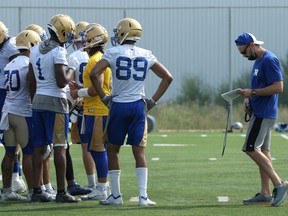 Offensive co-ordinator Buck Pierce (right) checks his playbook during Winnipeg Blue Bombers training camp on the University of Manitoba campus in Winnipeg on Sun., July 18, 2021.