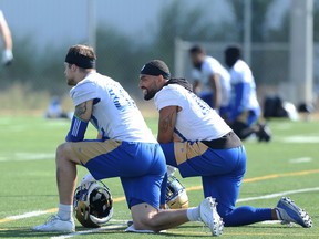 Slotback Nic Demski (right) chats with wide receiver Drew Wolitarsky during Winnipeg Blue Bombers training camp.