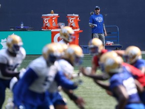 Blue Bombers head coach Mike O'Shea watches practice earlier this week. The Bombers take on the Argos in Toronto on Saturday.