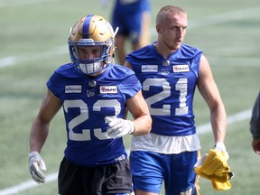Winnipeg Blue Bombers' Noah Hallett (left) and brotherNick Hallett during team practice in Winnipeg.  Wednesday, August 18, 2021.