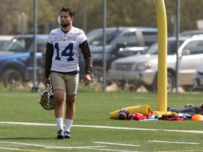 Placekicker Tyler Crapigna heads out to practice on the University of Manitoba campus after missing both of his field goal attempts in Saturday's loss in Toronto..