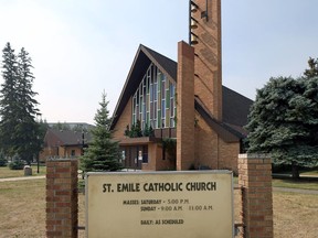 St. Emile Roman Catholic Church on St. Anne's Road in Winnipeg is pictured on Thursday, July 29, 2021. A priest place at St. Emile accused residential school survivors of lying about sexual abuse to get more money from court settlements.