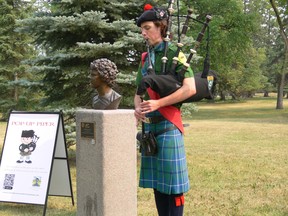 Calum McKinnon, 17, of the Lord Selkirk Robert Fraser Memorial Pipe Band plays the bagpipes as the St. Andrew Society of Winnipeg kicked off its Pop-up-Piper performance series to mark Terry Fox Day beside a bust of Terry Fox, located along the Winnipeg Real Estate Board Citizens' Hall of Fame near the Assiniboine Park Conservancy Outdoor Gardens at The Leaf on Terry Fox Day Monday, Aug. 2, 2021. After playing beside the bust of Terry Fox, he walked towards the Leaf, where he played the pipes for all in attendance. The Pop-up-Piper kicks off its series of August and September mini-concerts with the performance. Future dates of Pop-up-Piper performances to be announced soon.
"Terry Fox is one of Winnipeg's most famous sons, and this year marks the 40th anniversary of his passing, "said St. Andrew Society President Andrew Flook. "Few people have ever had such a positive and profound impact on the world, and we felt it was important to honour and celebrate Terry Fox Day in Manitoba."