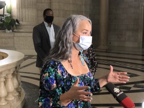 Nahanni Fontaine, NDP house leader, calls on the provincial government for better supports for producers struggling to find feed and water for their livestock during a media availability at the Manitoba Legislature on Friday, Aug. 6, 2021 in Winnipeg.
