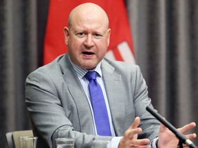 Dr. Brent Roussin, chief provincial public health officer, speaks during a COVID-19 update at the Manitoba Legislative Building in Winnipeg on Mon., Aug. 23, 2021. KEVIN KING/Winnipeg Sun/Postmedia Network