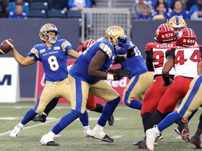 Winnipeg Blue Bombers QB Zach Collaros throws during CFL action against the Calgary Stampeders at IG Field in Winnipeg on Sunday, Aug. 29, 2021.