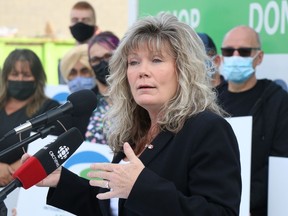 Shelly Glover officially announces her candidacy for the leader of the Progressive Conservative Party of Manitoba on Friday, Sept. 11, 2021 outside of the Habitat for Humanity Restore on Archibald Street in Winnipeg. Josh Aldrich/Winnipeg Sun