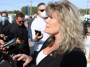 Shelly Glover officially announces her candidacy for the leader of the Progressive Conservative Party of Manitoba on Friday, Sept. 11, 2021 outside of the Habitat for Humanity Restore on Archibald Street in Winnipeg. Josh Aldrich/Winnipeg Sun