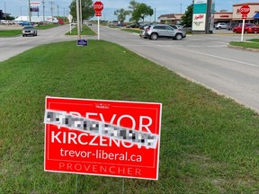 Hate speech (which has been blurred) on an election sign for Provencher Liberal candidate Trevor Kirczenow.
Handout photo