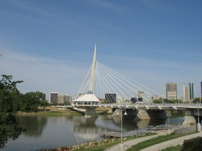 The Esplanade Riel bridge crosses the Red River in